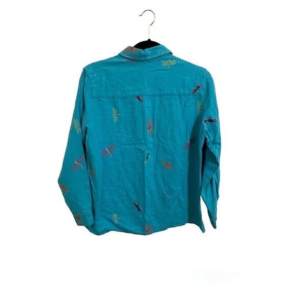 Breckenridge Petite Button Down Size M Womens Linen Dragonfly Long Sleeve Blouse - Picture 2 of 4